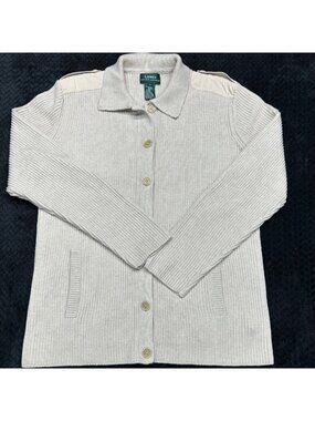 Lauren Ralph Lauren Womens Ribbed Knit Cardigan Beige Large 100% Cotton Button F